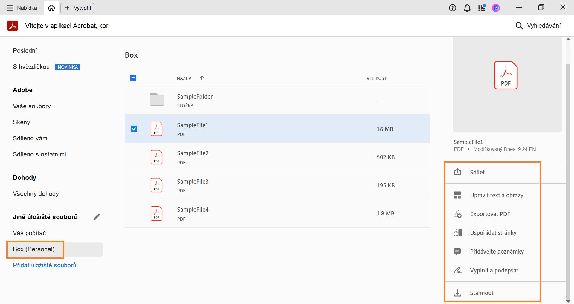 Soubory Box v zobrazení Domovská stránka