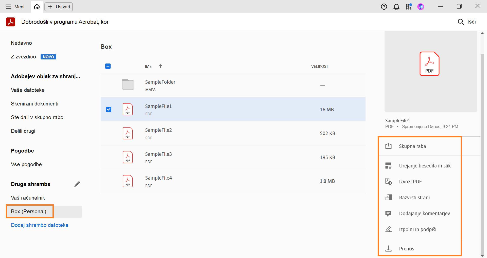 Datoteke storitve Box v pogledu Domov