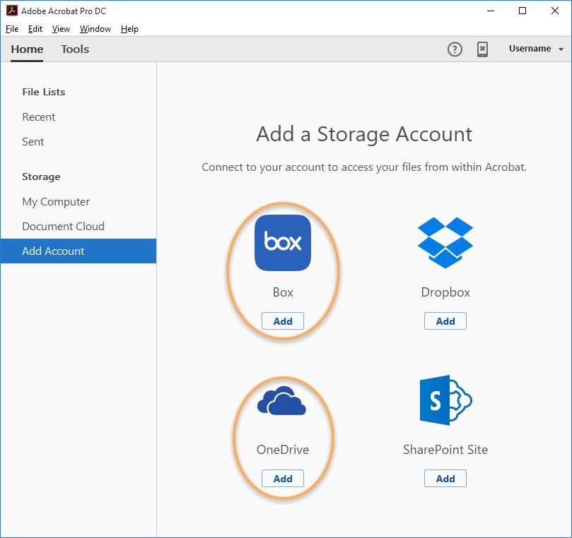 Привязка Box и OneDrive в представлении «Главная»