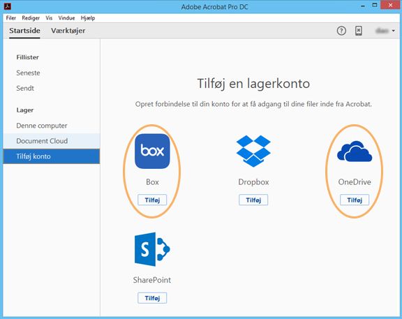 Box- og OneDrive-tilknytninger i startvisningen