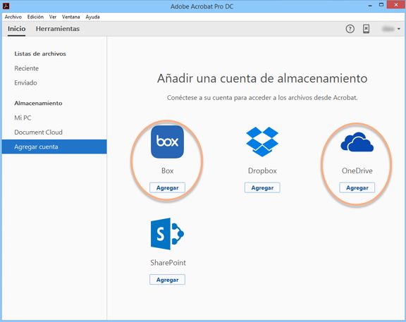 Conectores de Box y OneDrive en el modo Vista inicio