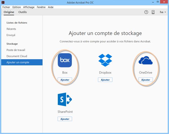 Connecteurs Box et OneDrive dans la page d’accueil