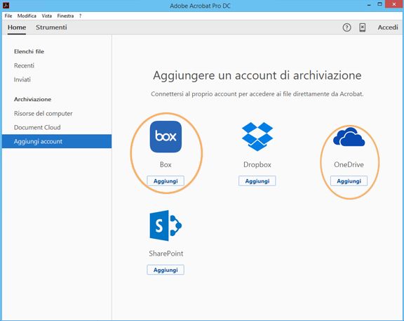 Connettori per Box e OneDrive nella vista Home