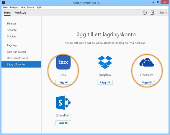 Box- och OneDrive-anslutningar i hemyn