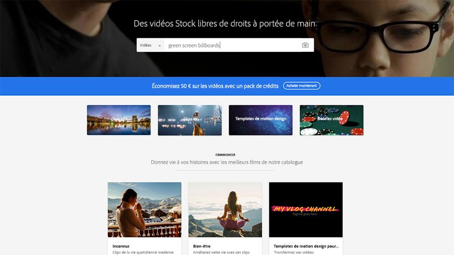 Dans une capture d'écran d'un navigateur Safari, page de recherche de vidéos du site web Adobe Stock avec « green screen billboards » saisi dans la barre de recherche