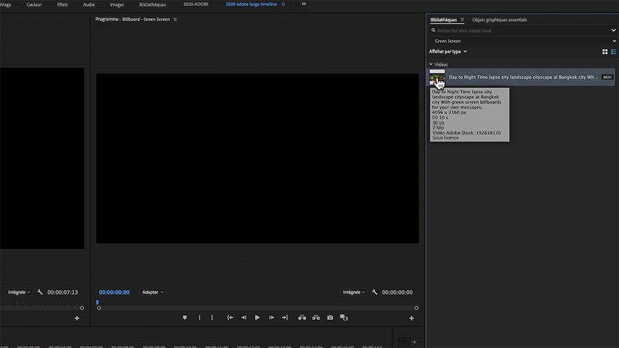 Dans une capture d'écran du panneau Bibliothèques d'Adobe Premiere Pro sur ordinateur, curseur pointant sur une vidéo Adobe Stock nommée « Day to Night Time lapse city landscape »