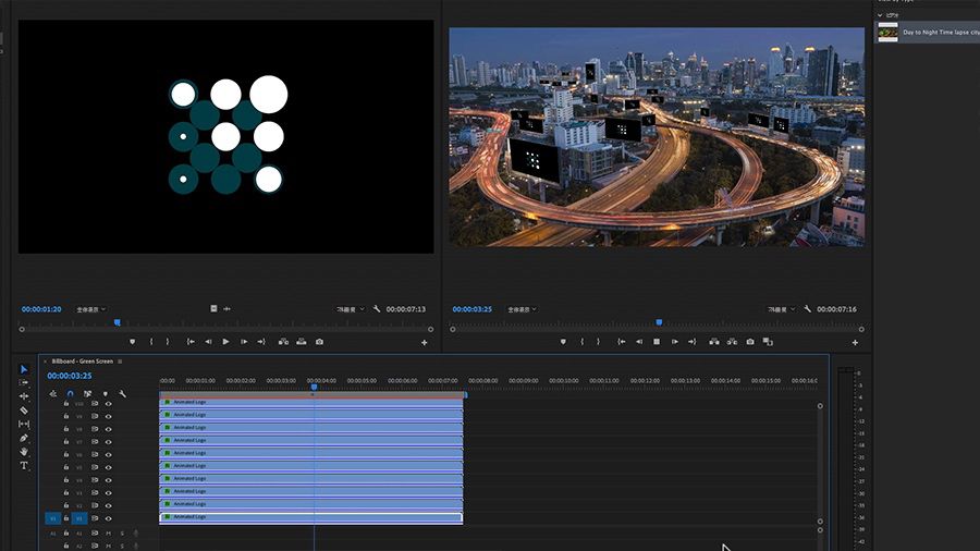 Adobe Premiere Proデスクトップのスクリーンショット、プログラムモニターにクリップを表示、バンコク市街のスカイライン前景にある高速道路脇の看板にいくつものロゴの合成画像が表示されている