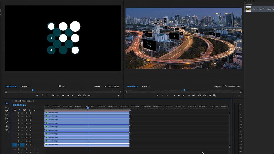 Dans une capture d'écran d'Adobe Premiere Pro sur ordinateur, Moniteur du programme affichant une image composite de plusieurs logos sur des panneaux d'affichage près d'une autoroute au premier plan des gratte-ciel de Bangkok