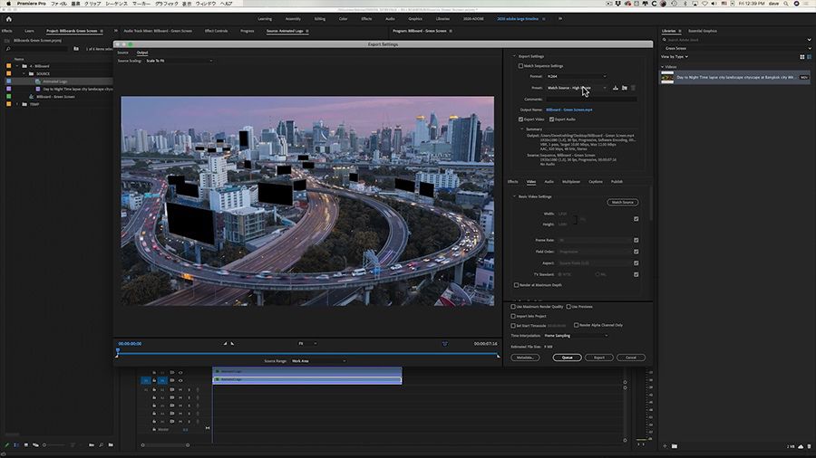 Adobe Premiere Proデスクトップのスクリーンショット、編集者が書き出しダイアログボックスの「H.264」設定で、1080p HD Vimeoプリセットを選択している