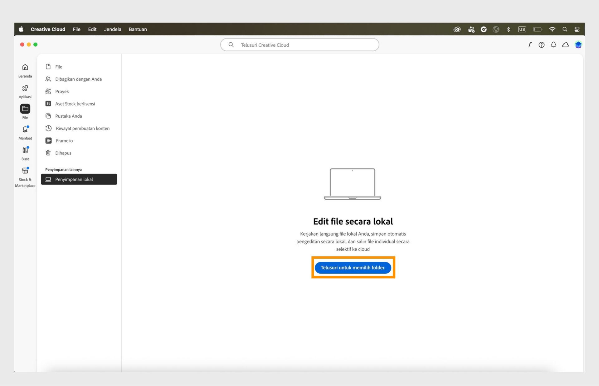Aplikasi desktop Creative Cloud menampilkan tab Penyimpanan lokal dengan opsi untuk menelusuri dan memilih folder untuk mengedit file secara lokal.