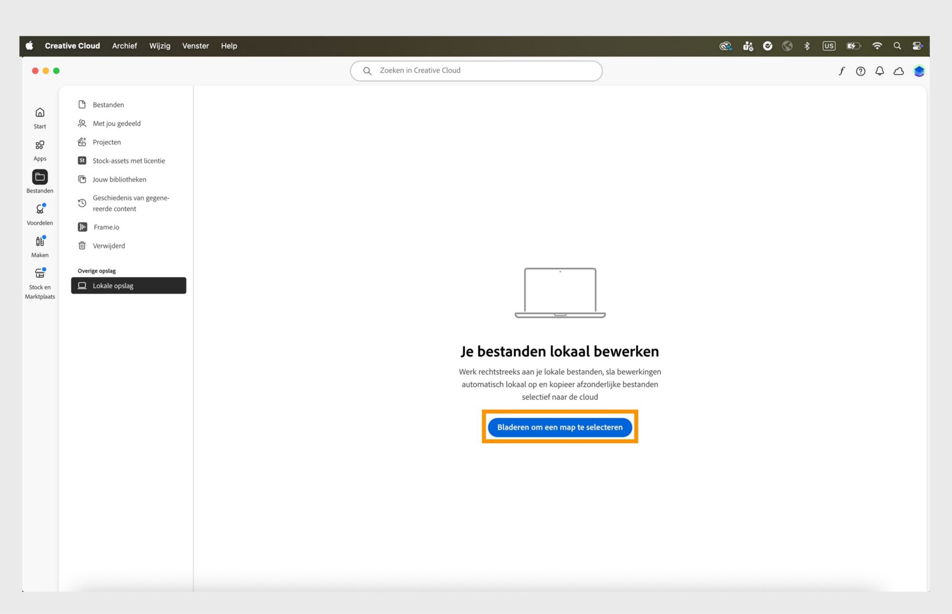 Creative Cloud desktop-app met het tabblad Lokale opslag en een optie om een map te verkennen en te selecteren voor het lokaal bewerken van bestanden.