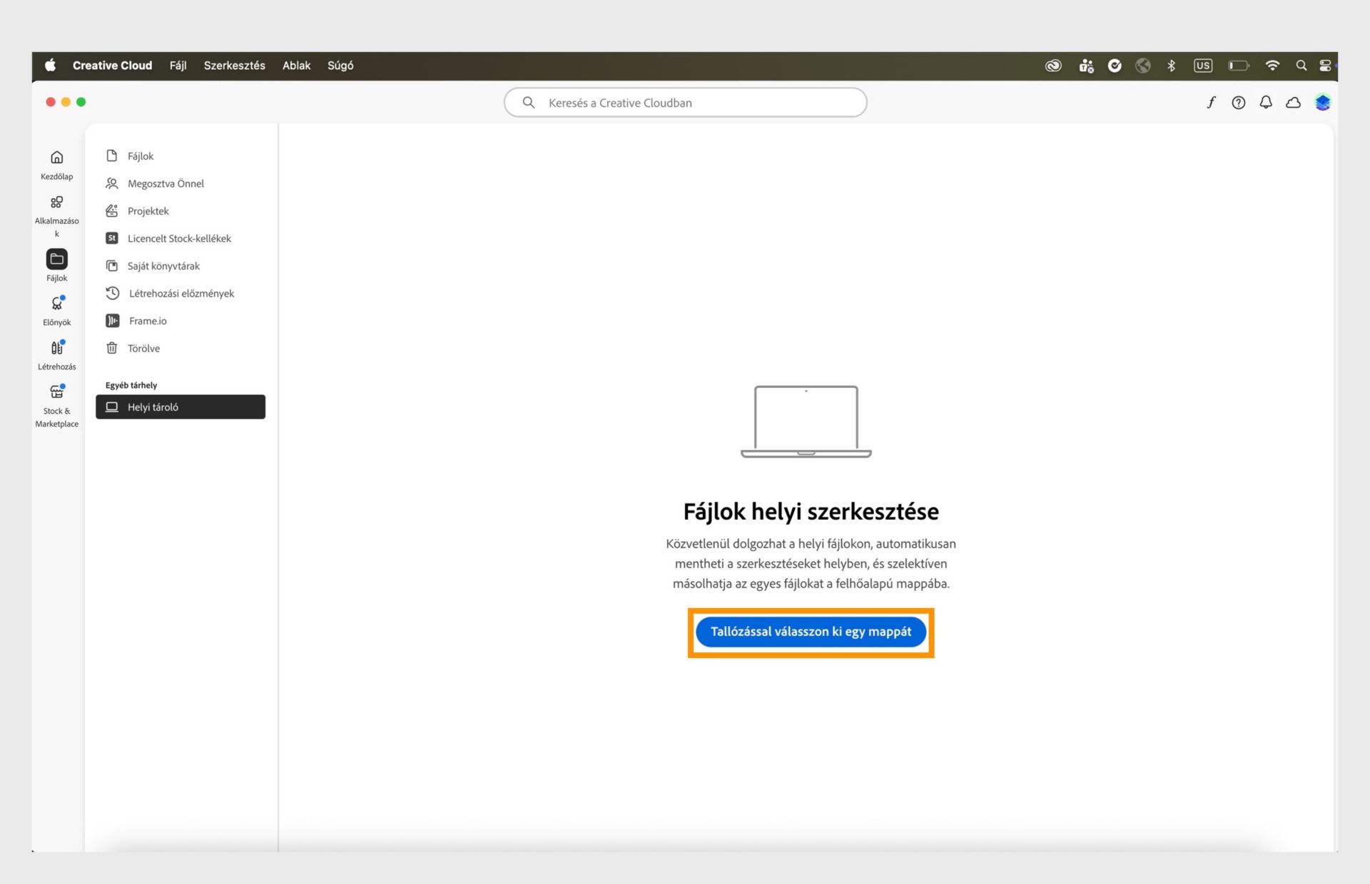 A Creative Cloud asztali alkalmazás a Helyi tárhely lapjával, ahol lehetőség van mappák tallózására és kiválasztására a fájlok helyi szerkesztéséhez.