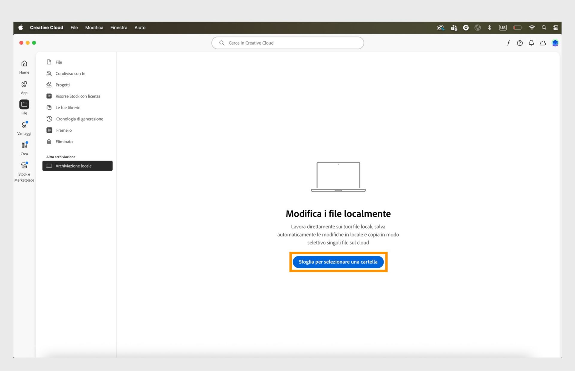 Applicazione Creative Cloud che mostra la scheda Archiviazione locale con un'opzione per sfogliare e selezionare una cartella per modificare i file localmente.