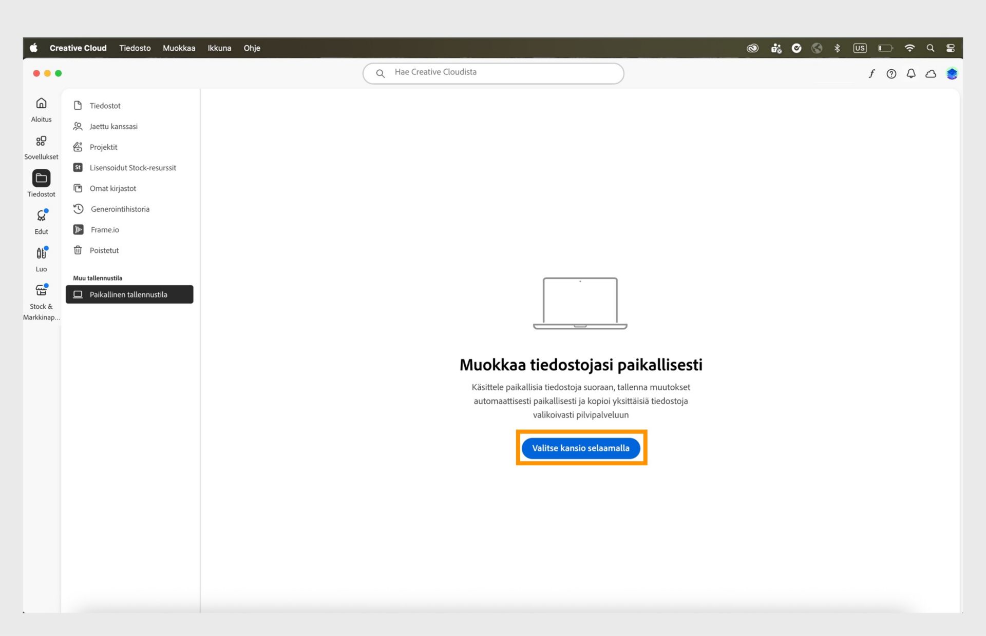 Creative Cloud -tietokonesovellus näyttää Paikallinen tallennustila -välilehden, jossa on vaihtoehto selata ja valita kansio tiedostojen paikalliseen muokkaamiseen.