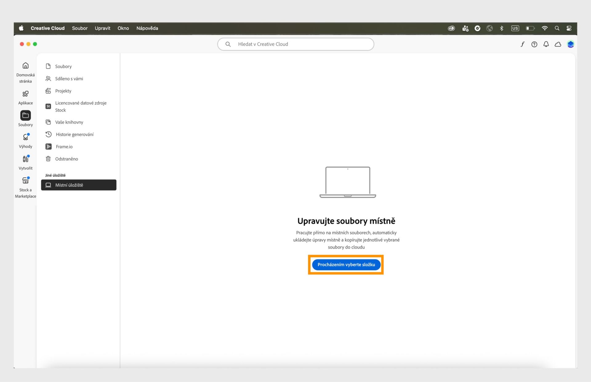 Aplikace Creative Cloud pro počítače zobrazující kartu Místní úložiště s možností procházet a vybrat složku pro místní úpravy souborů.