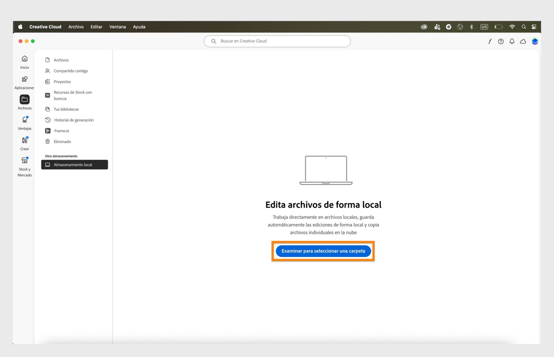 Aplicación de Creative Cloud para escritorio que muestra la pestaña Almacenamiento local con una opción para examinar y seleccionar una carpeta para editar archivos localmente.
