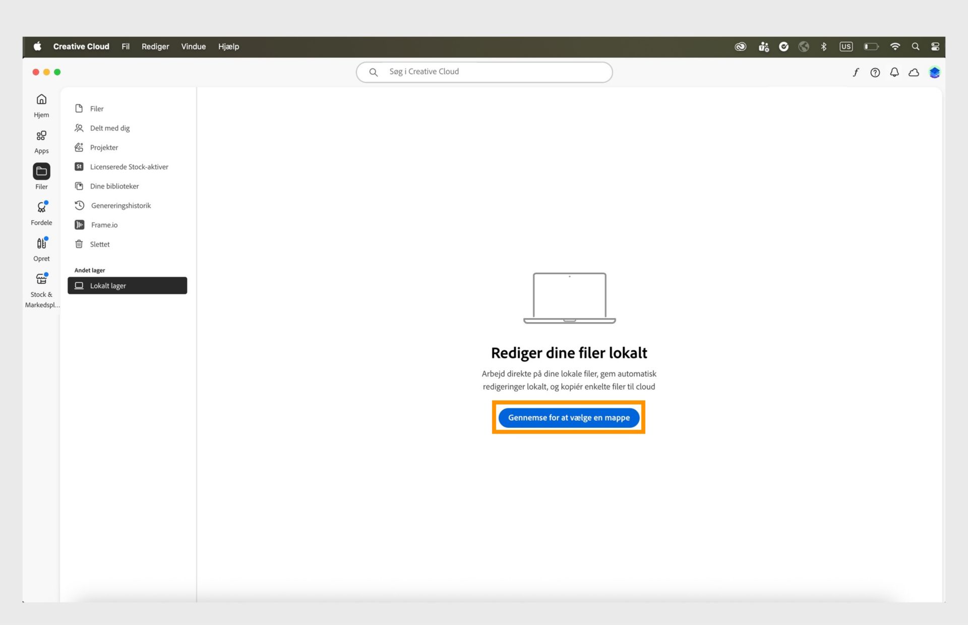 Creative Cloud-computerappen, der viser fanen Lokal lagring med en mulighed for at gennemse og vælge en mappe til lokal redigering af filer.