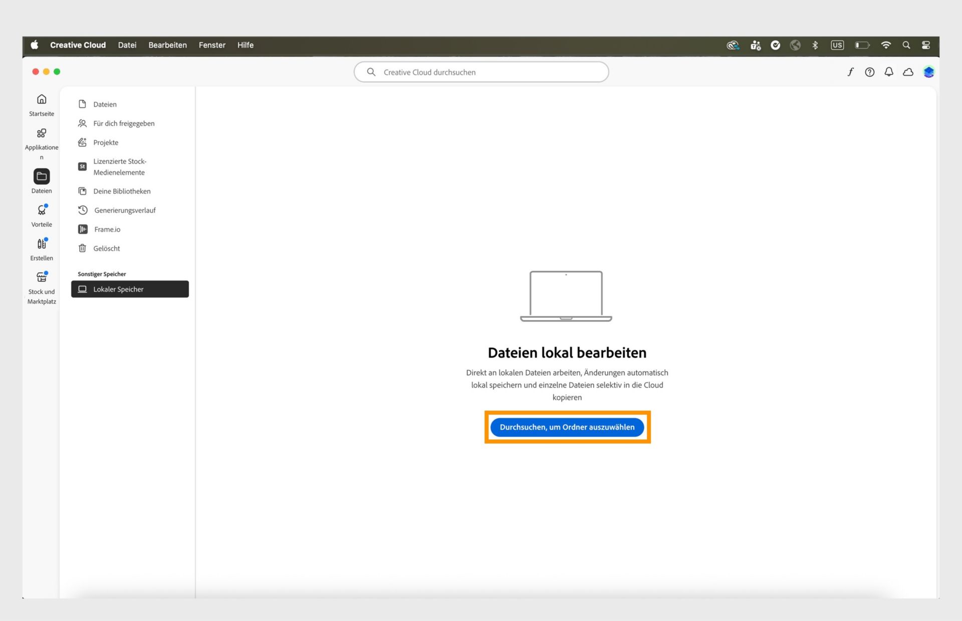 Creative Cloud-Client, in dem die Registerkarte „Lokaler Speicher“ und die Option zum Durchsuchen und Auswählen eines Ordners zum lokalen Bearbeiten von Dateien anzeigt werden.