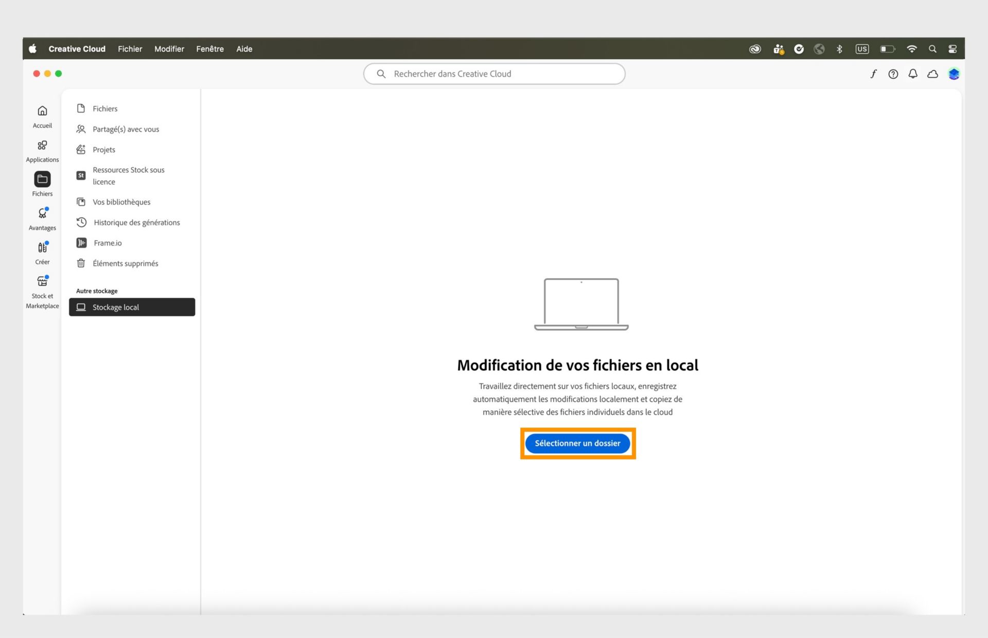 L’application de bureau Creative Cloud affichant l’onglet Stockage local avec une option permettant de parcourir et de sélectionner un dossier pour modifier les fichiers localement.