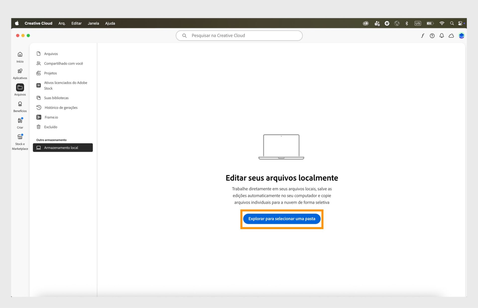 Aplicativo de desktop da Creative Cloud exibindo a guia Armazenamento local, com uma opção para navegar e selecionar uma pasta para editar arquivos localmente.