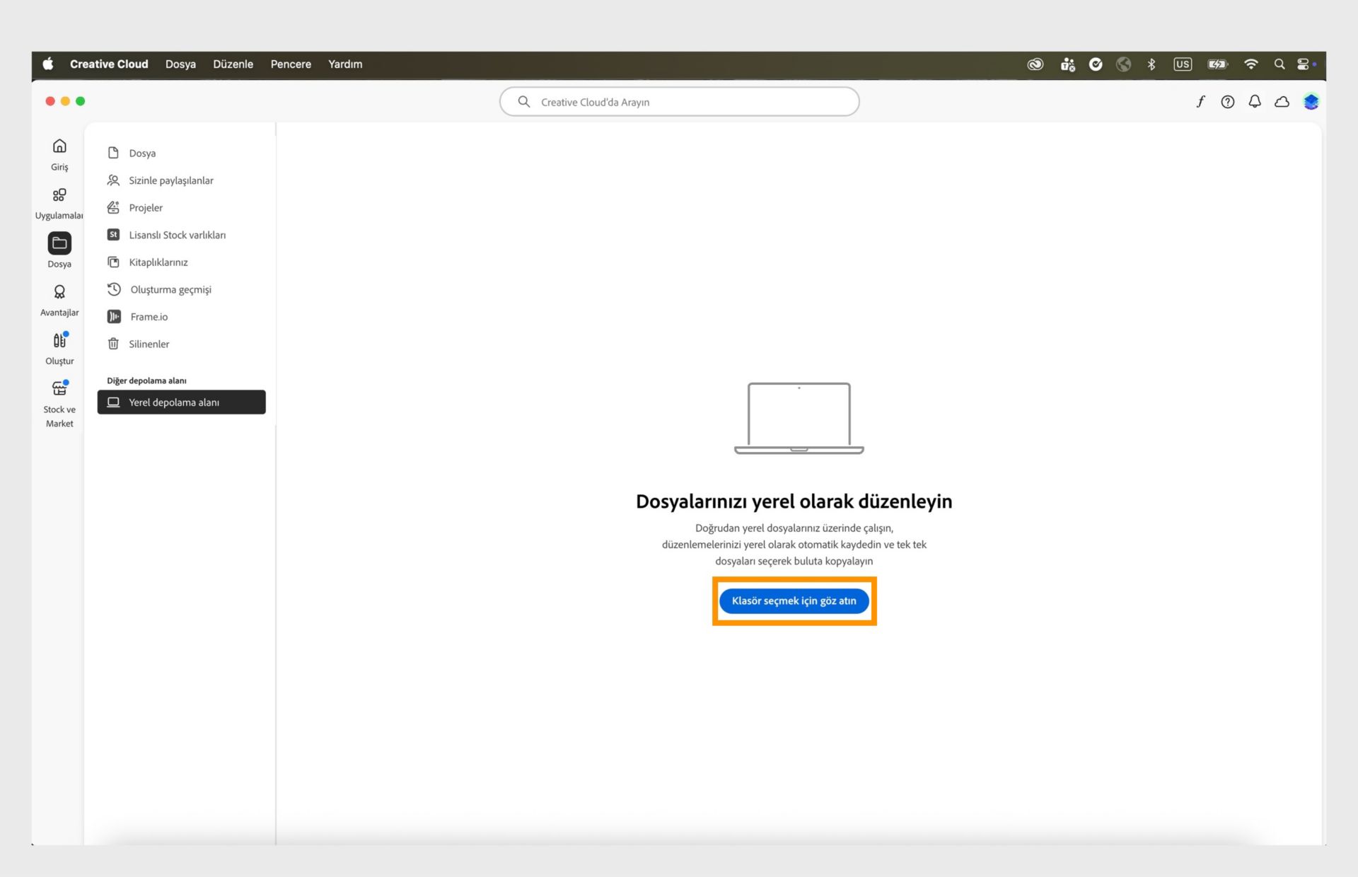 Dosyaları yerel olarak düzenlemek için klasöre göz atma ve seçme seçeneği bulunan Yerel depolama alanı sekmesini gösteren Creative Cloud masaüstü uygulaması.