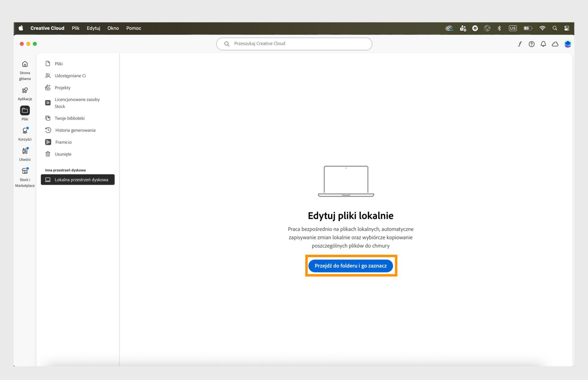 Aplikacja komputerowa Creative Cloud z kartą Pamięć lokalna i opcją przeglądania i wybierania foldera w celu lokalnej edycji plików.
