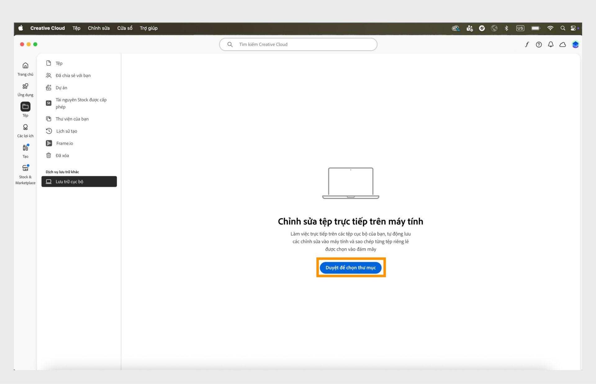 Ứng dụng Creative Cloud cho máy tính để bàn hiển thị tab Bộ nhớ cục bộ với tùy chọn duyệt và chọn thư mục để chỉnh sửa tập tin cục bộ.