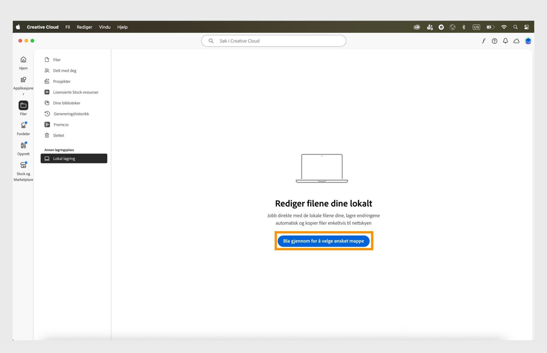 Creative Cloud-app for datamaskin som viser fanen Lokal lagring med et alternativ for å bla gjennom og velge en mappe for å redigere filer lokalt.