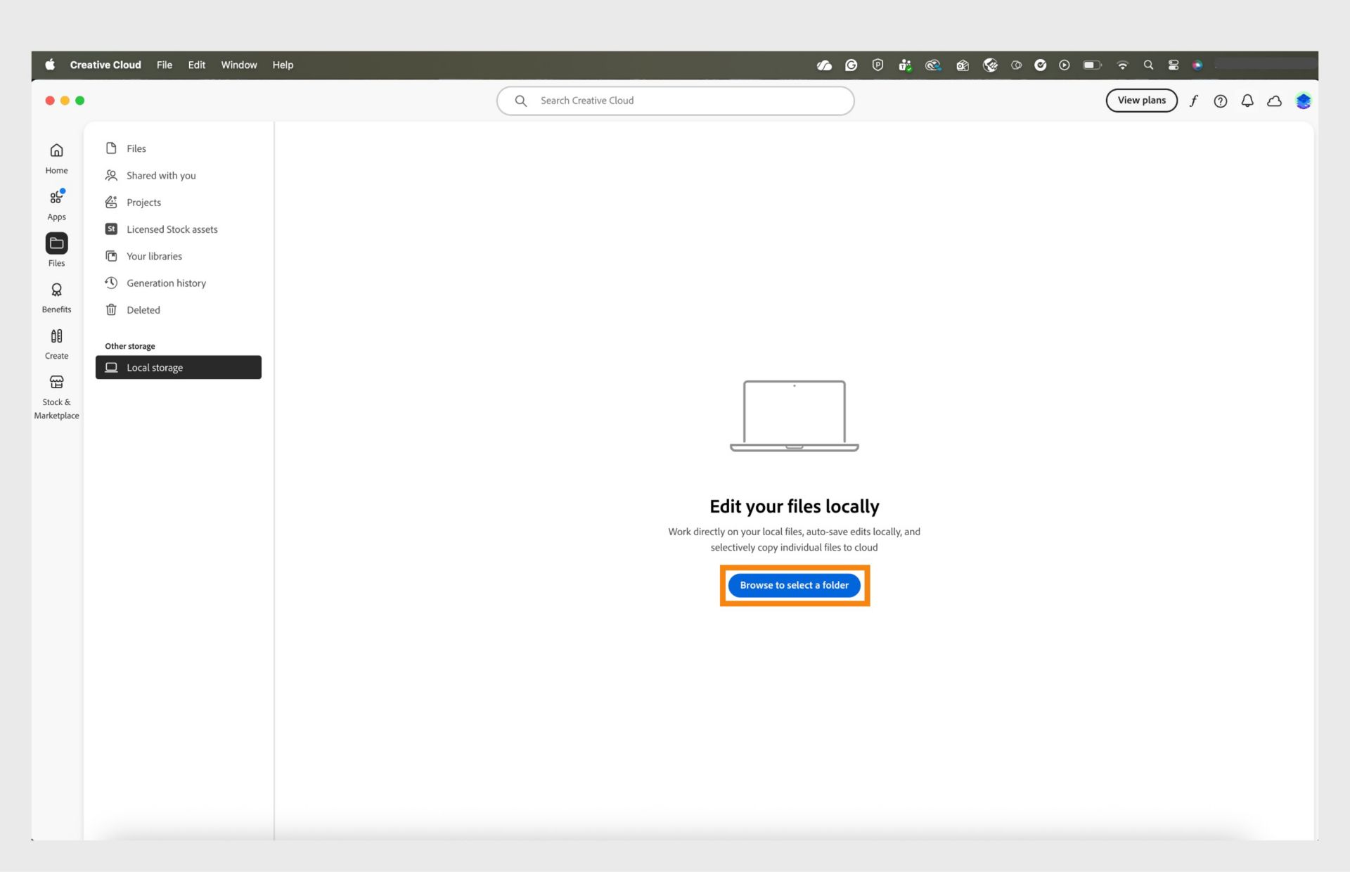Namizni program Creative Cloud z zavihkom Lokalno shranjevanje z možnostjo brskanja in izbire mape za lokalno urejanje datotek.