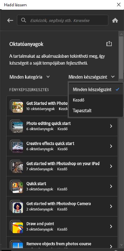 Tallózás az oktatóanyagok között a Felfedezés panelen