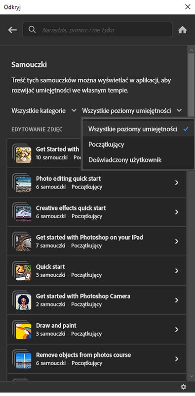 Przeglądanie samouczków w panelu Odkrywanie
