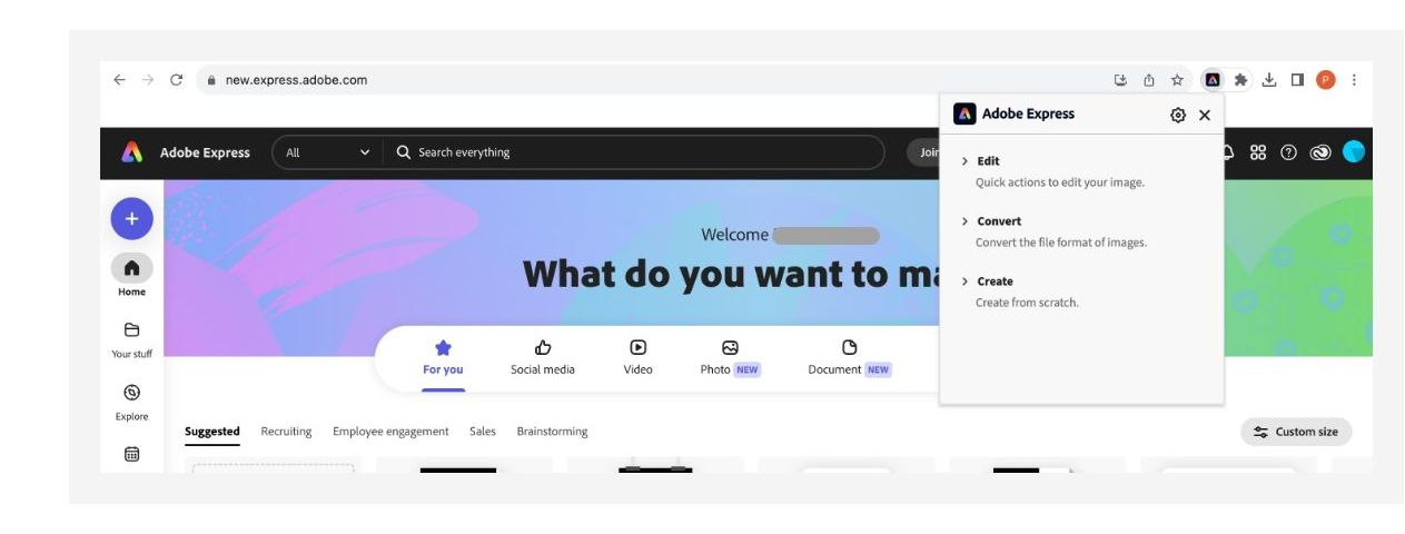 Adobe Express-startpagina geopend met het vervolgkeuzemenu met de Adobe Express-extensie.||browser-extensie-express