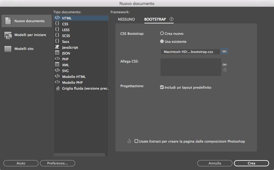 Creazione di documenti di Bootstrap utilizzando i file esistenti del framework