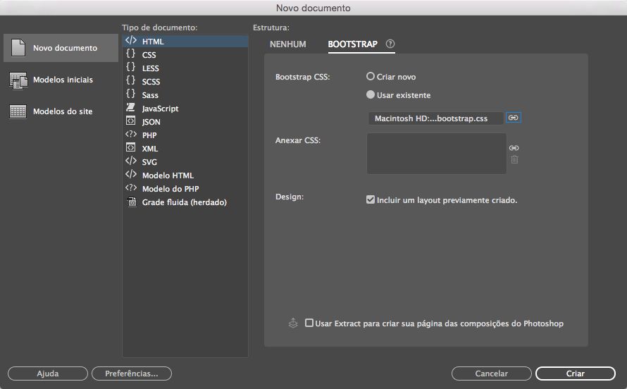Criar documentos do Bootstrap com arquivos de estrutura existentes