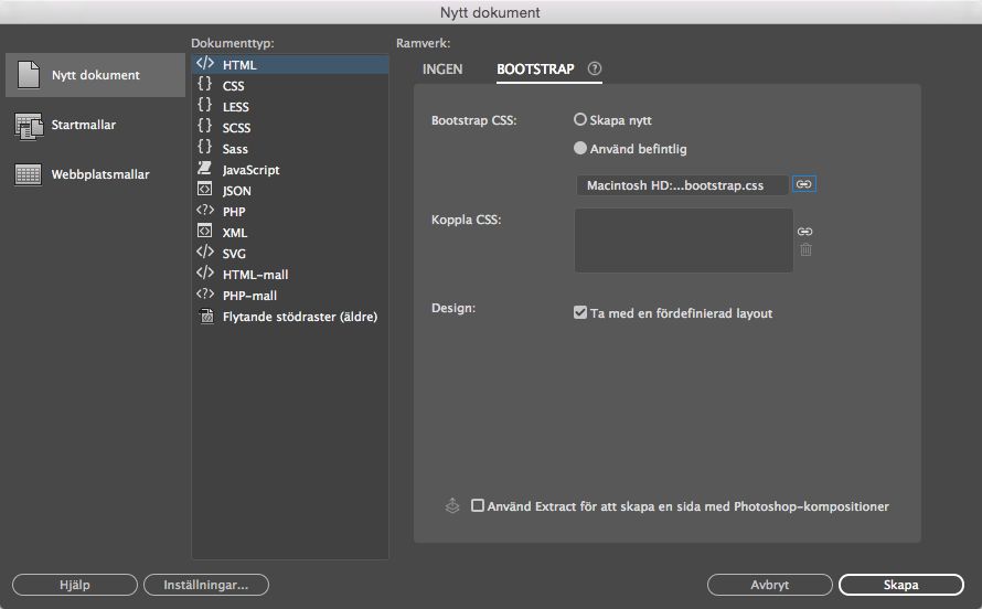 Skapa Bootstrap-dokument med hjälp av befintliga ramverksfiler