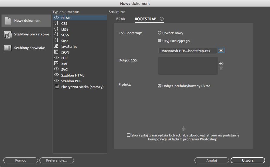 Tworzenie dokumentów Bootstrap na podstawie istniejących plików struktury