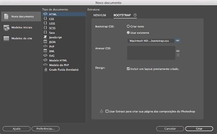 Criar documentos do Bootstrap com arquivos de estrutura existentes