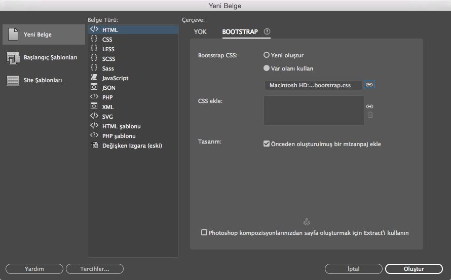 Mevcut çerçeve dosyalarını kullanarak Bootstrap belgeleri oluşturma
