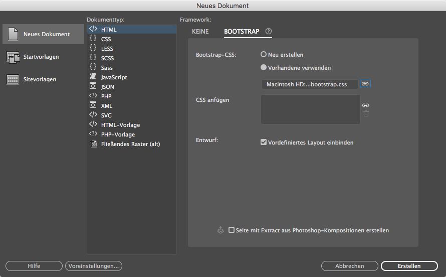 Bootstrap-Dokumente mit vorhandenen Framework-Dateien erstellen