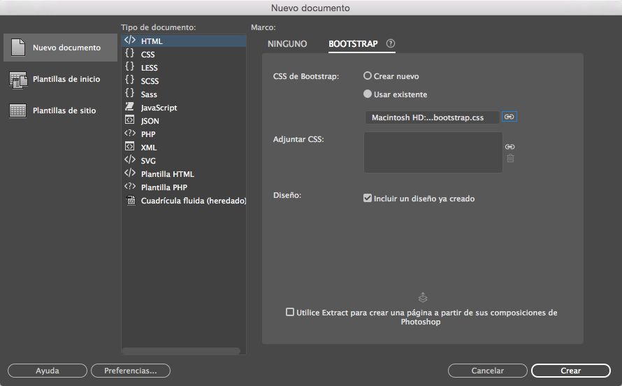 Creación de documentos de Bootstrap con archivos del framework existentes
