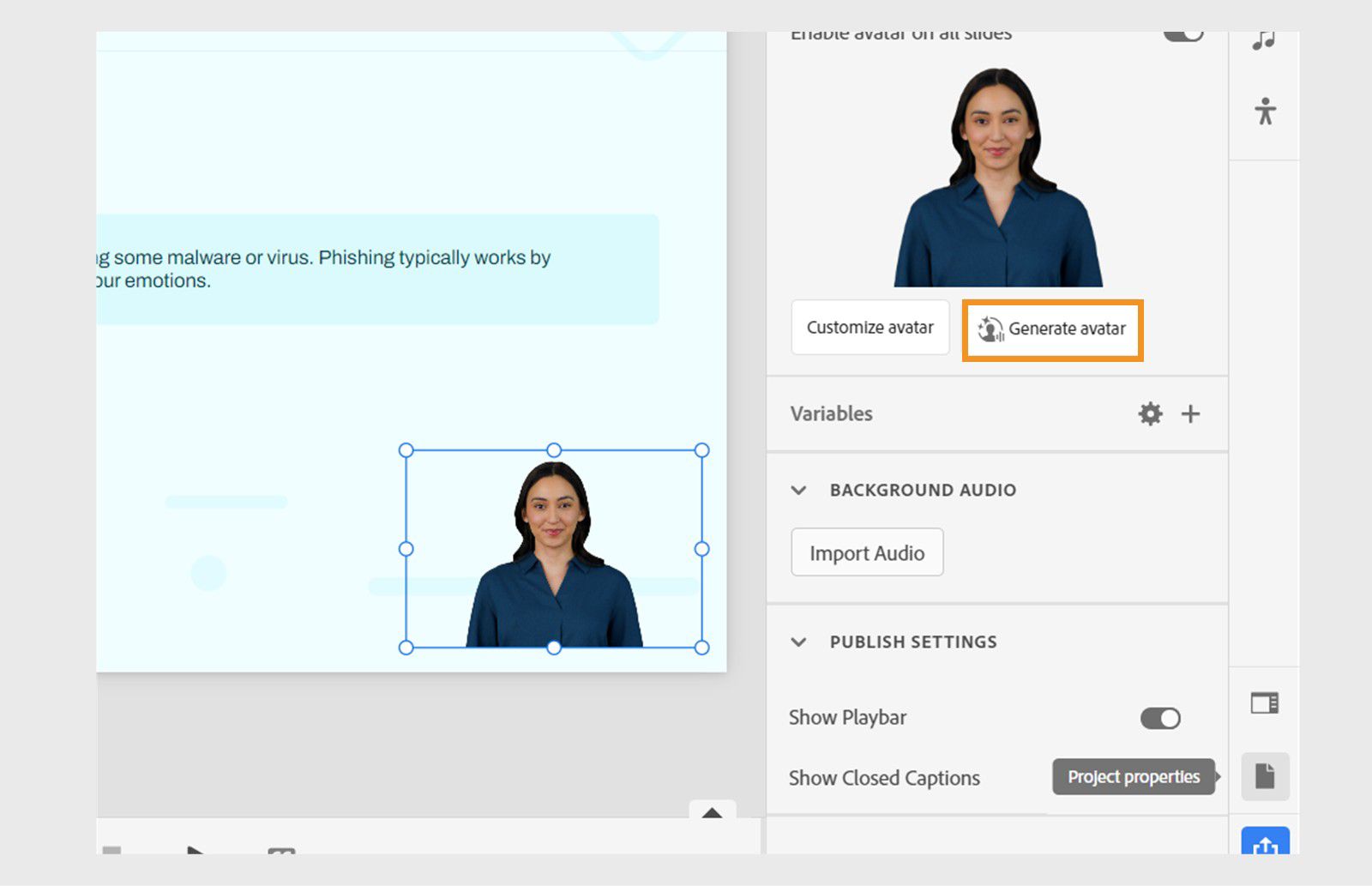 Select Generate avatar to convert all pending transcripts to video