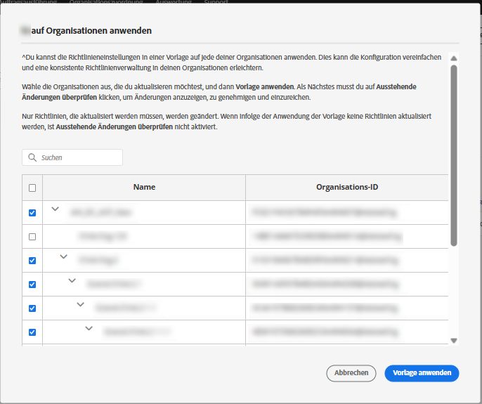 Bildschirm zum Anwenden der Regel-Muster mit ausgewählten Organisationen für die Massenanwendung des Musters
