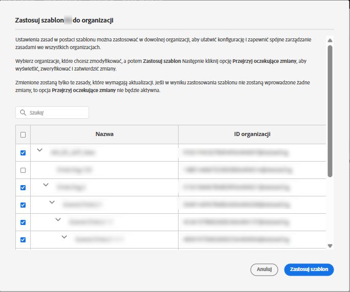 Ekran zastosowania szablonu zasad z wybranymi organizacjami do masowego zastosowania szablonu