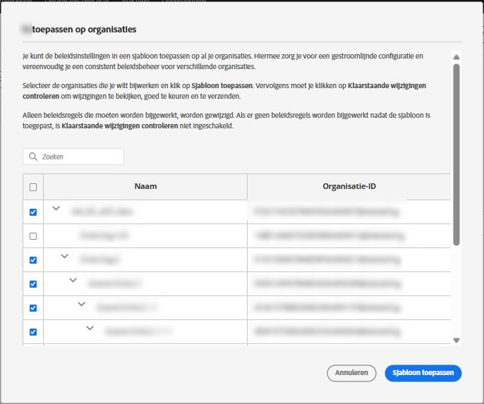 Scherm voor het toepassen van beleidssjabloon met geselecteerde organisaties om het sjabloon in bulk toe te passen