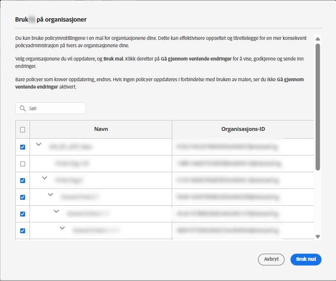 Skjermbilde for å bruke malmalen med valgte organisasjoner for massebruk av malen