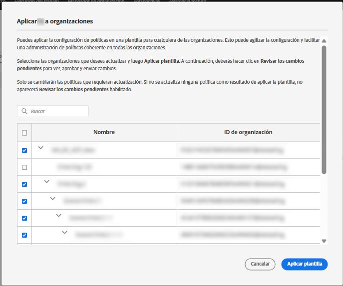 Pantalla de aplicación de plantilla de directiva con organizaciones seleccionadas para aplicar la plantilla en masa