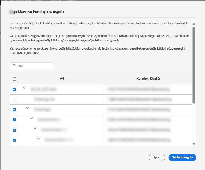 Şablonu toplu olarak uygulamak için seçilen kuruluşlarla ilke şablonu uygulama ekranı