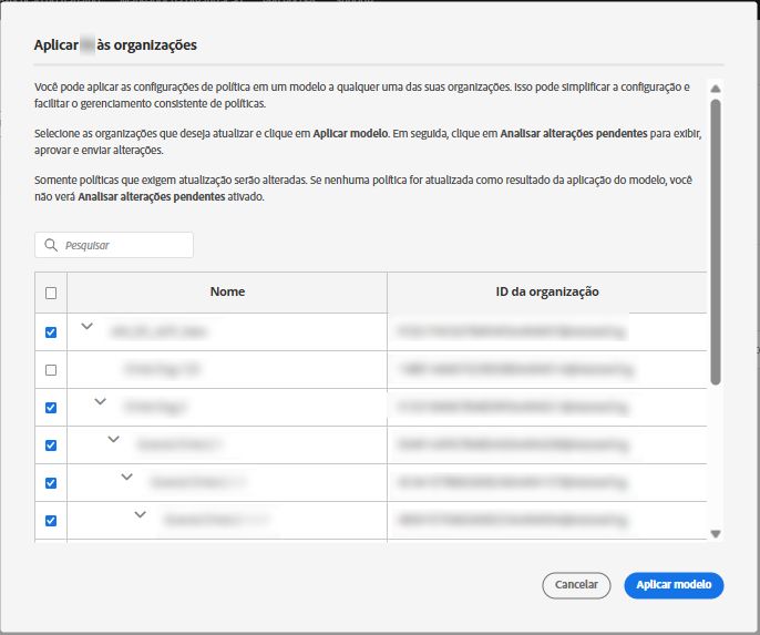 Tela de aplicação de modelo de política com organizações selecionadas para aplicar o modelo em massa