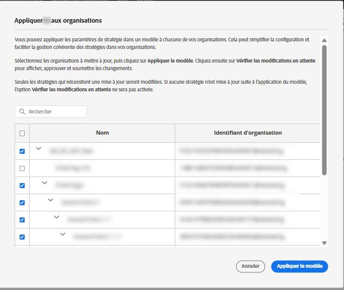 Appliquer le modèle de politique à l'aide de l'écran avec les organisations sélectionnées pour appliquer le modèle en masse