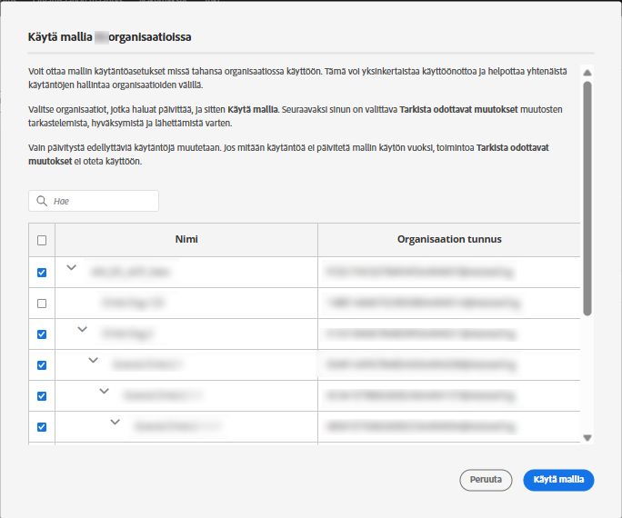 Käytä käytäntömallia -näyttö, jossa organisaatiot on valittu mallin joukkokäyttöönottoa varten